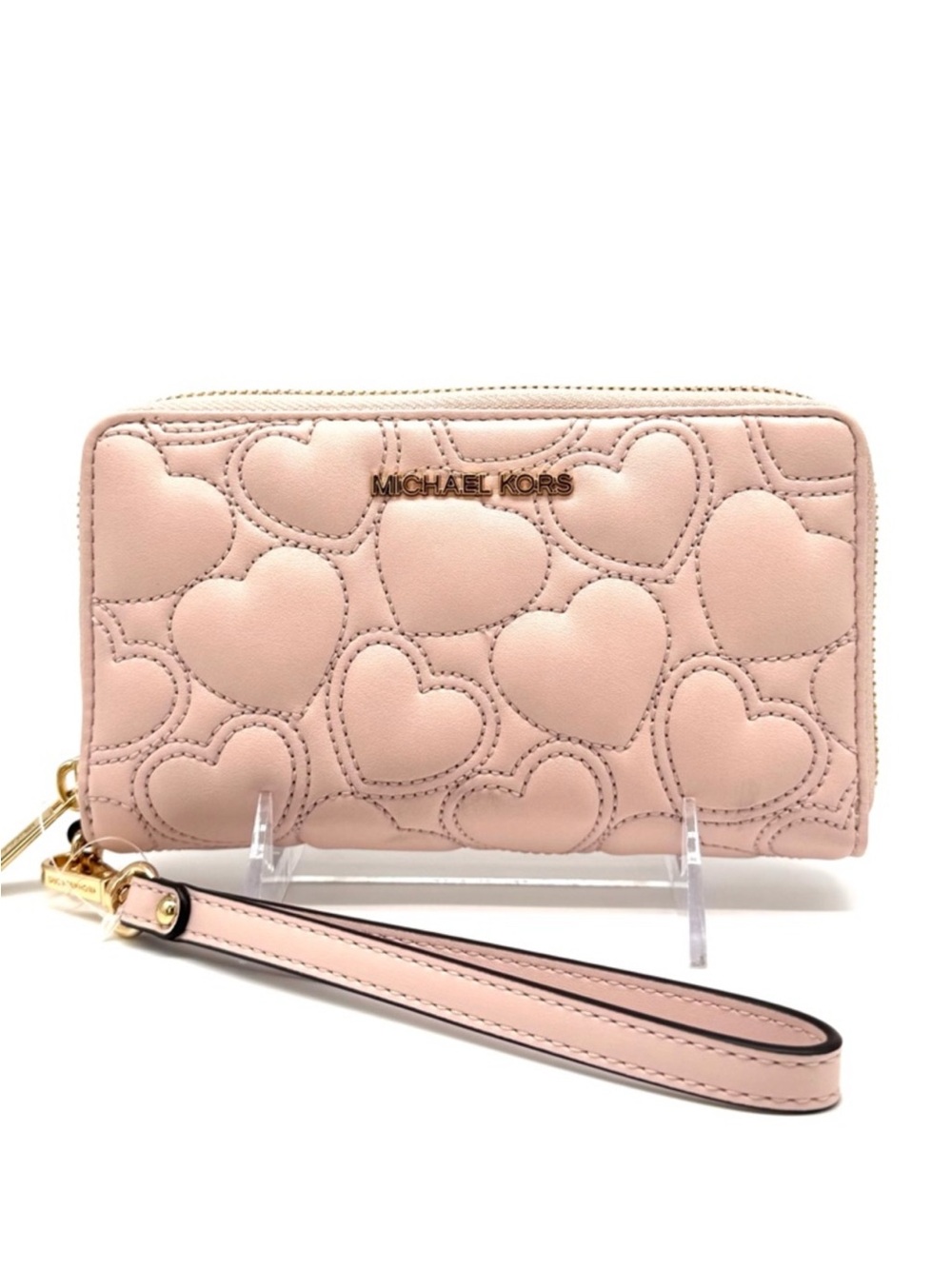 Michael Kors Large Quilted Heart Flat MF Phone Case Wallet Powder Blush